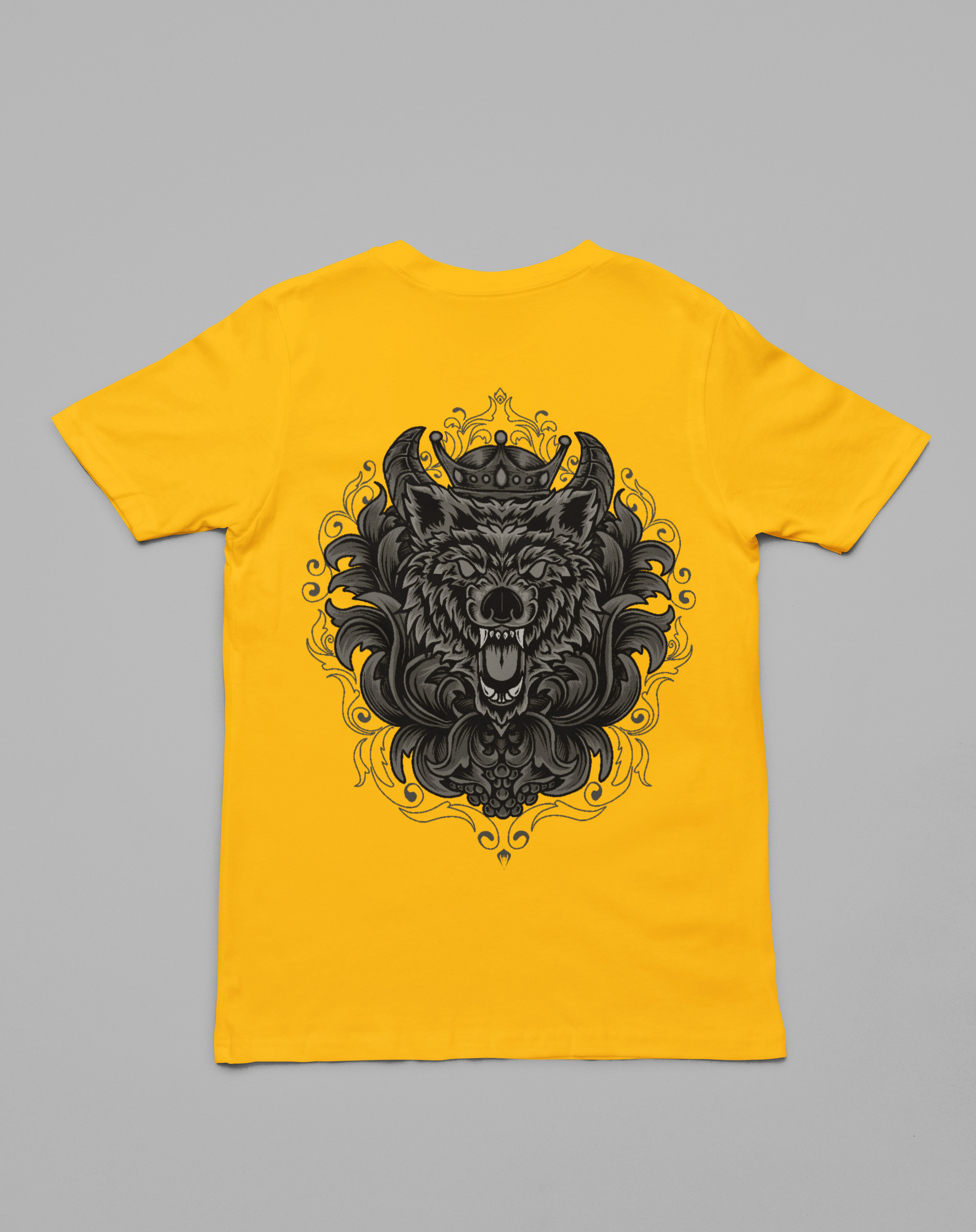 Greyscale scary bear printed on mustard t-shirt.