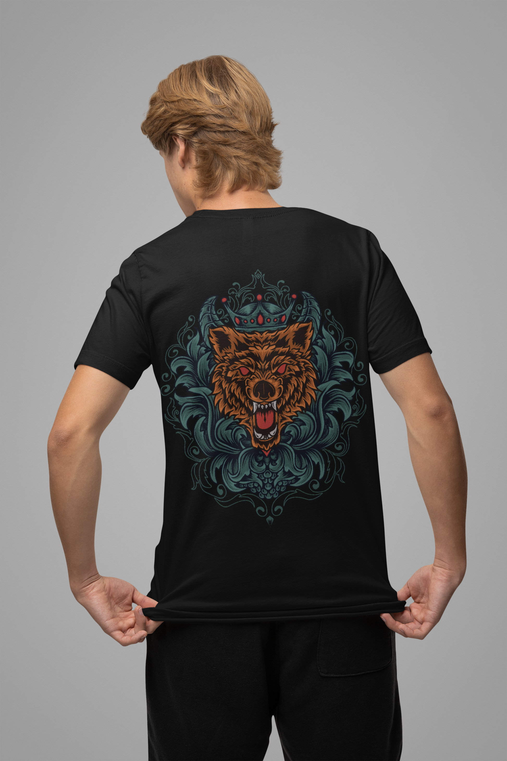 Men is wearing horrifying bear back printed t-shirt.