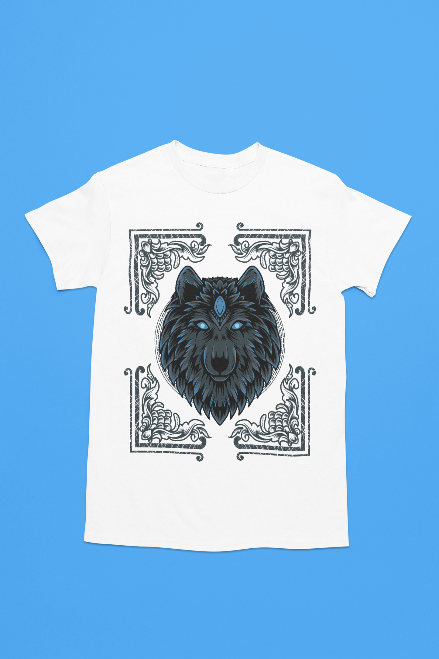 A white t-shirt with regal wolf adorned with Egyptian motifs, framed within a decorative card design.