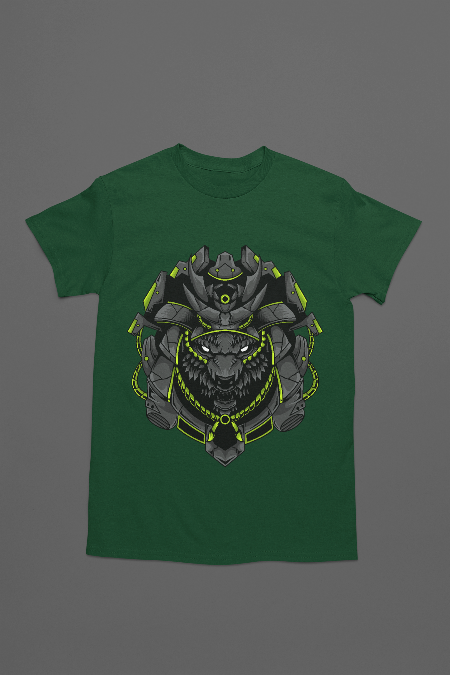 A forest green t-shirt with spine-chilling tee with a horrifying wolf donning a robotic crown for an edgy look.