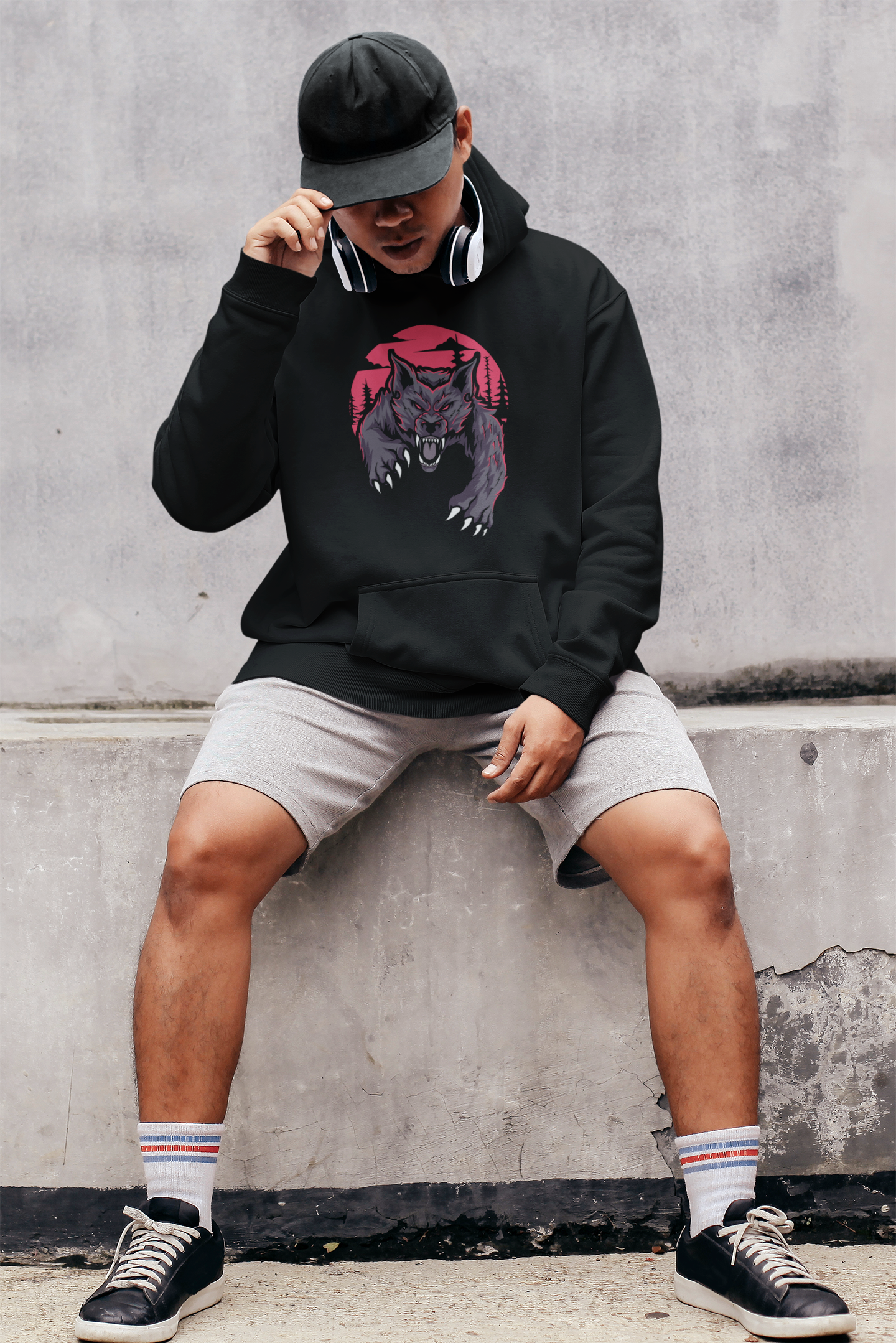 Premium black hoodie with ambush wolf print