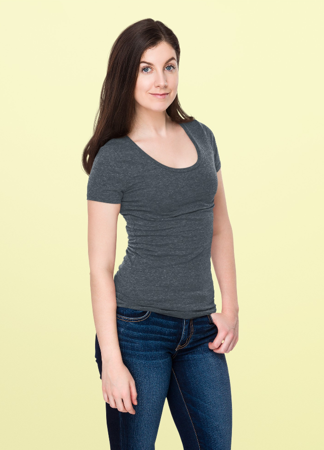 A charcoal heather color fashionable and comfortable scoop neck tee designed for women.