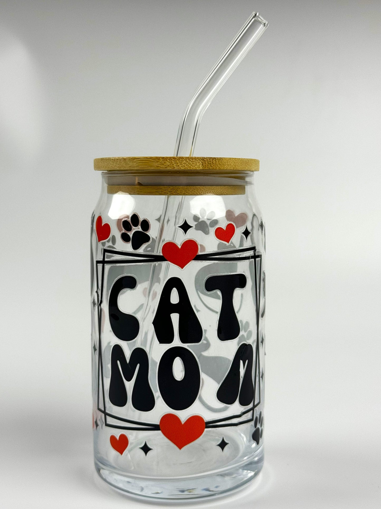 Cat Mom Printed 16oz Glass Can