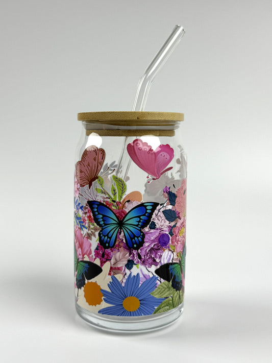 Floral Butterflies Printed 16oz Glass Can