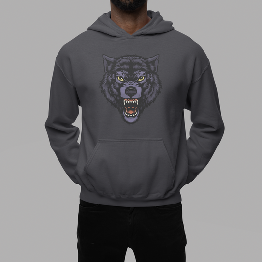 A charcoal hoodie featuring blood-stained bear with sinister, glowing eyes and sharp, menacing teethes.