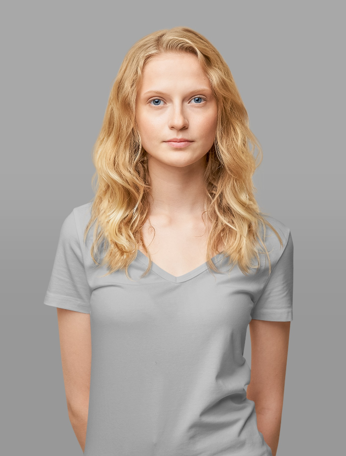 A salt & pepper color fashionable and comfortable women's T-shirt with a V-neck neckline.