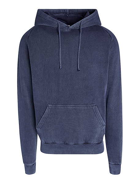 A vintage denim hoodie with a weathered and vintage appearance, perfect for a throwback style.