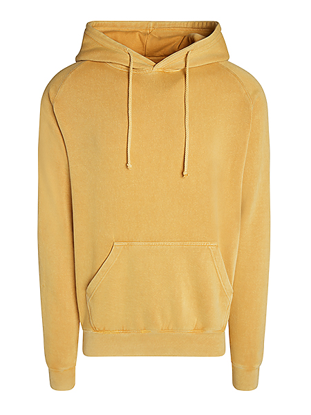 A vintage mustard hoodie with a weathered and vintage appearance, perfect for a throwback style.