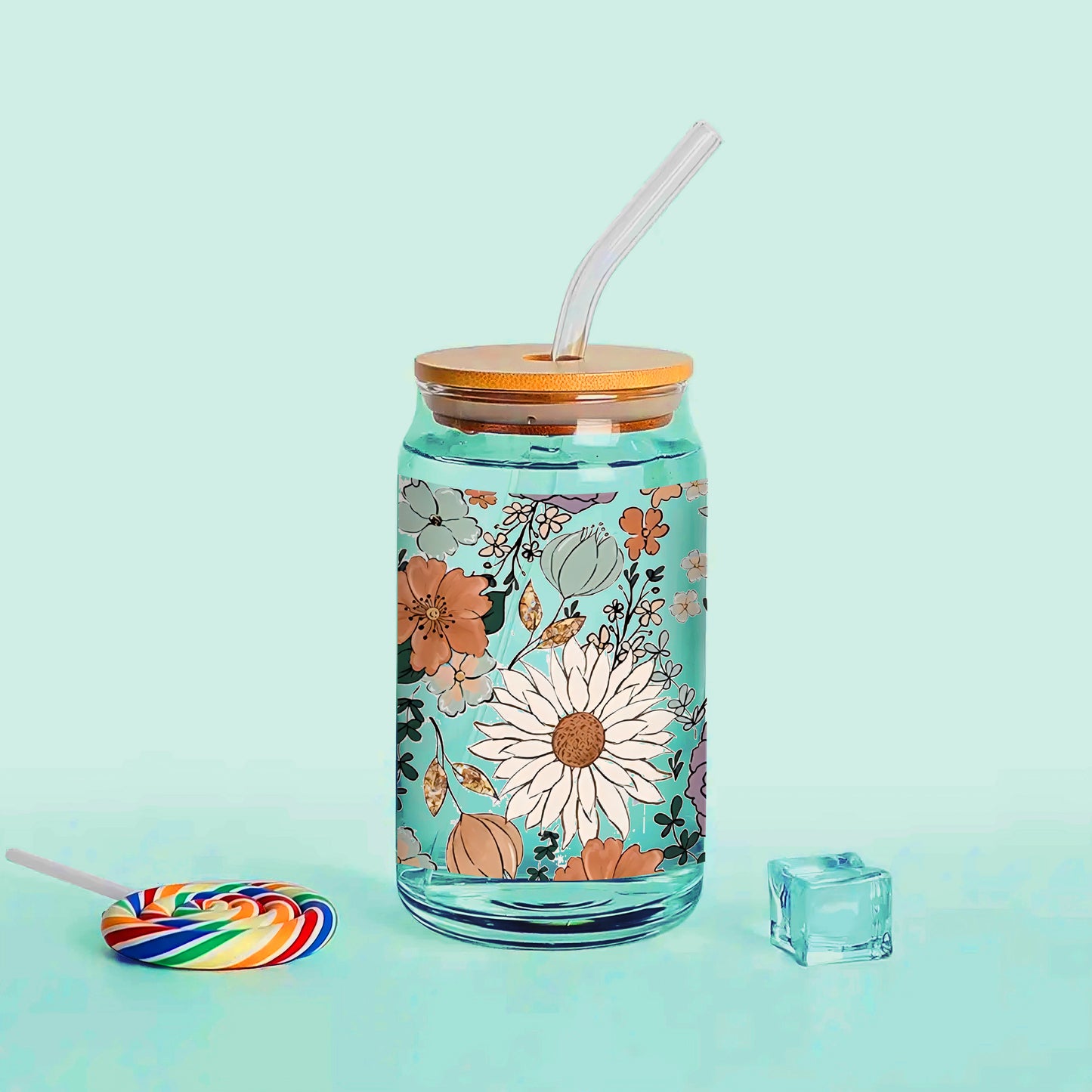Floral Printed 16oz Glass Can