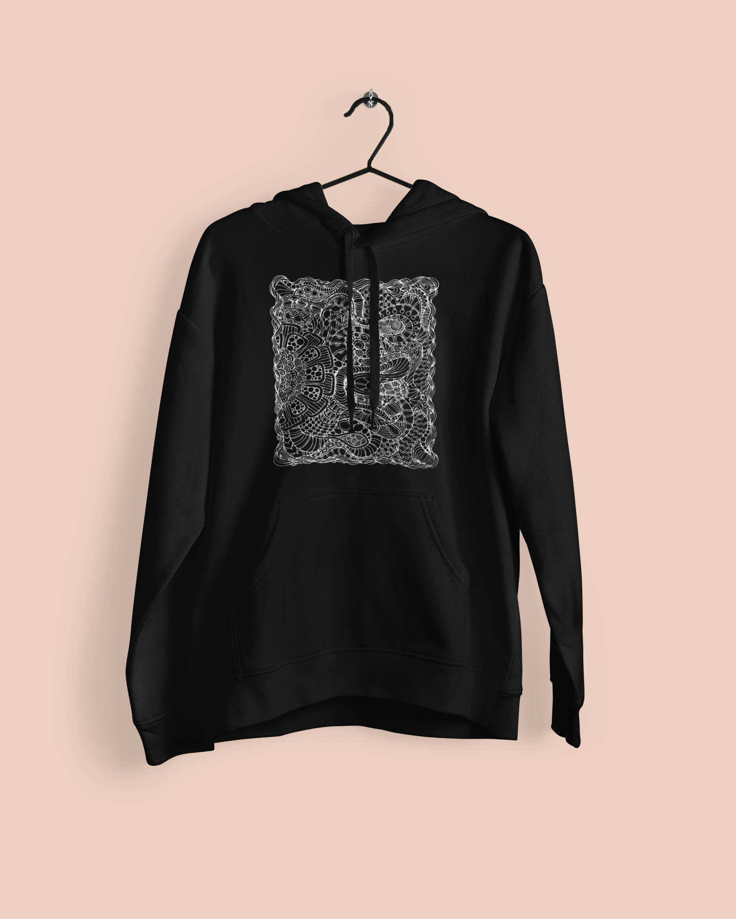 A black hoodie featuring a cutting-edge abstract pattern in white for a fashionable look.