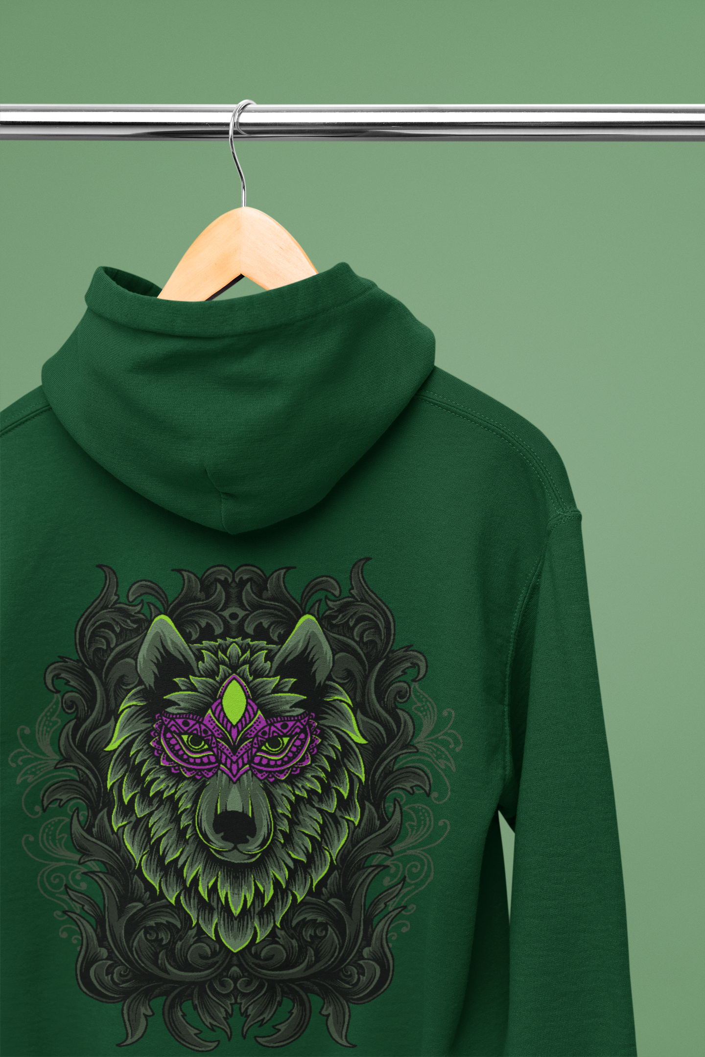 A forest green fashionable hoodie showcasing the elegance and might of Wepwawet, the ancient Egyptian god.