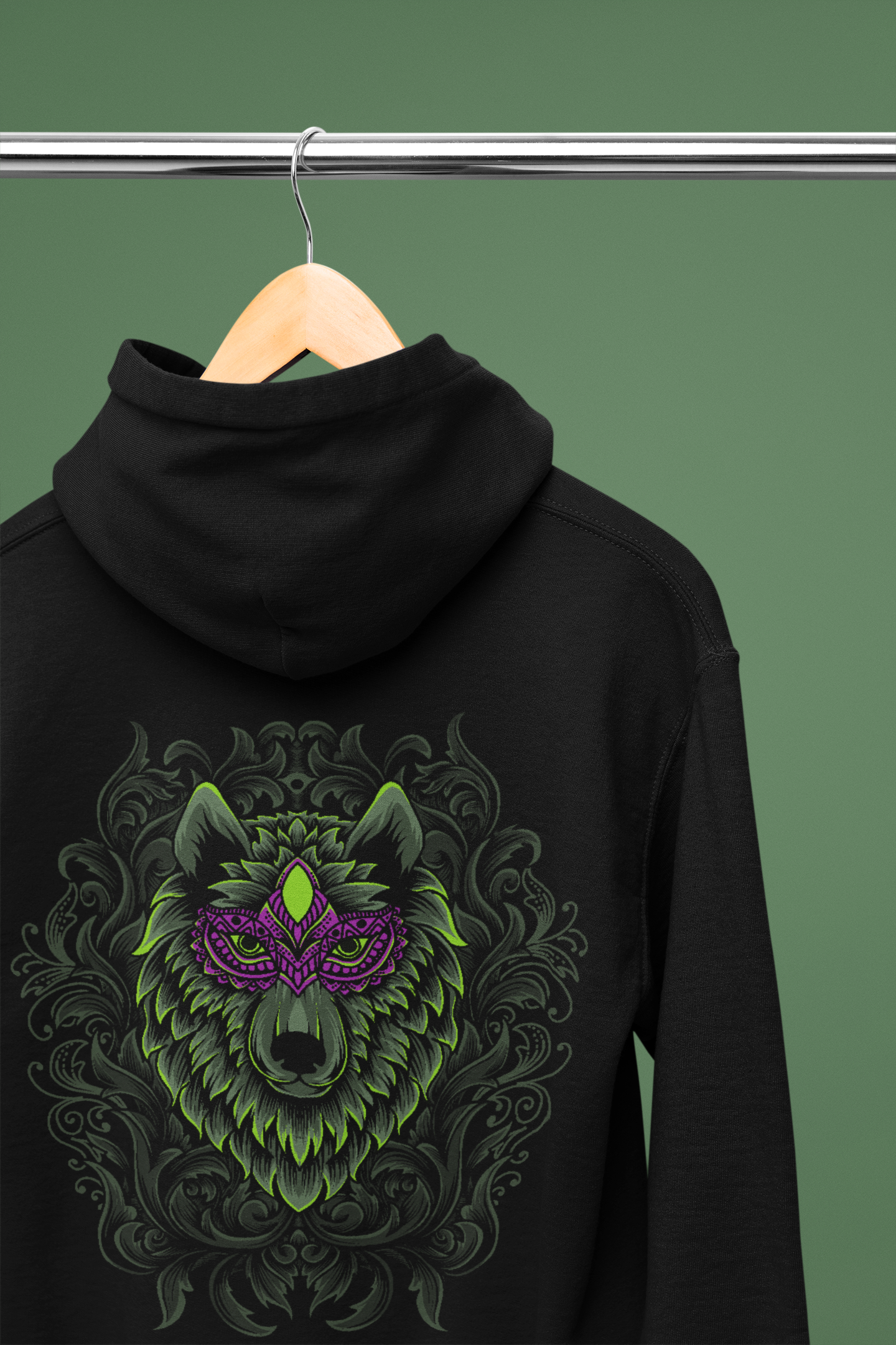A black color fashionable hoodie showcasing the elegance and might of Wepwawet, the ancient Egyptian god.