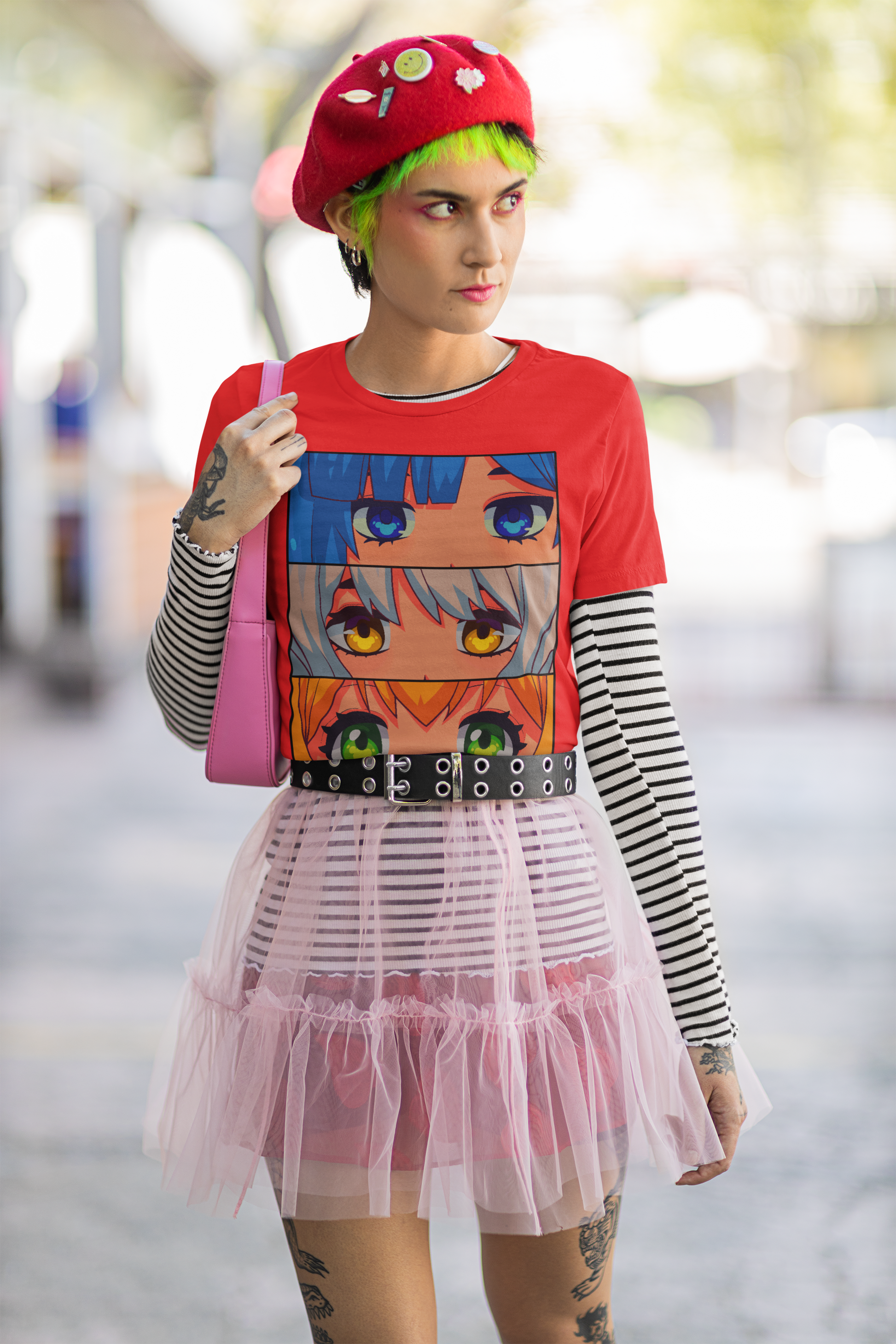A women wearing a t-shirt with a burst of colors in the form of mesmerizing anime eye artwork.