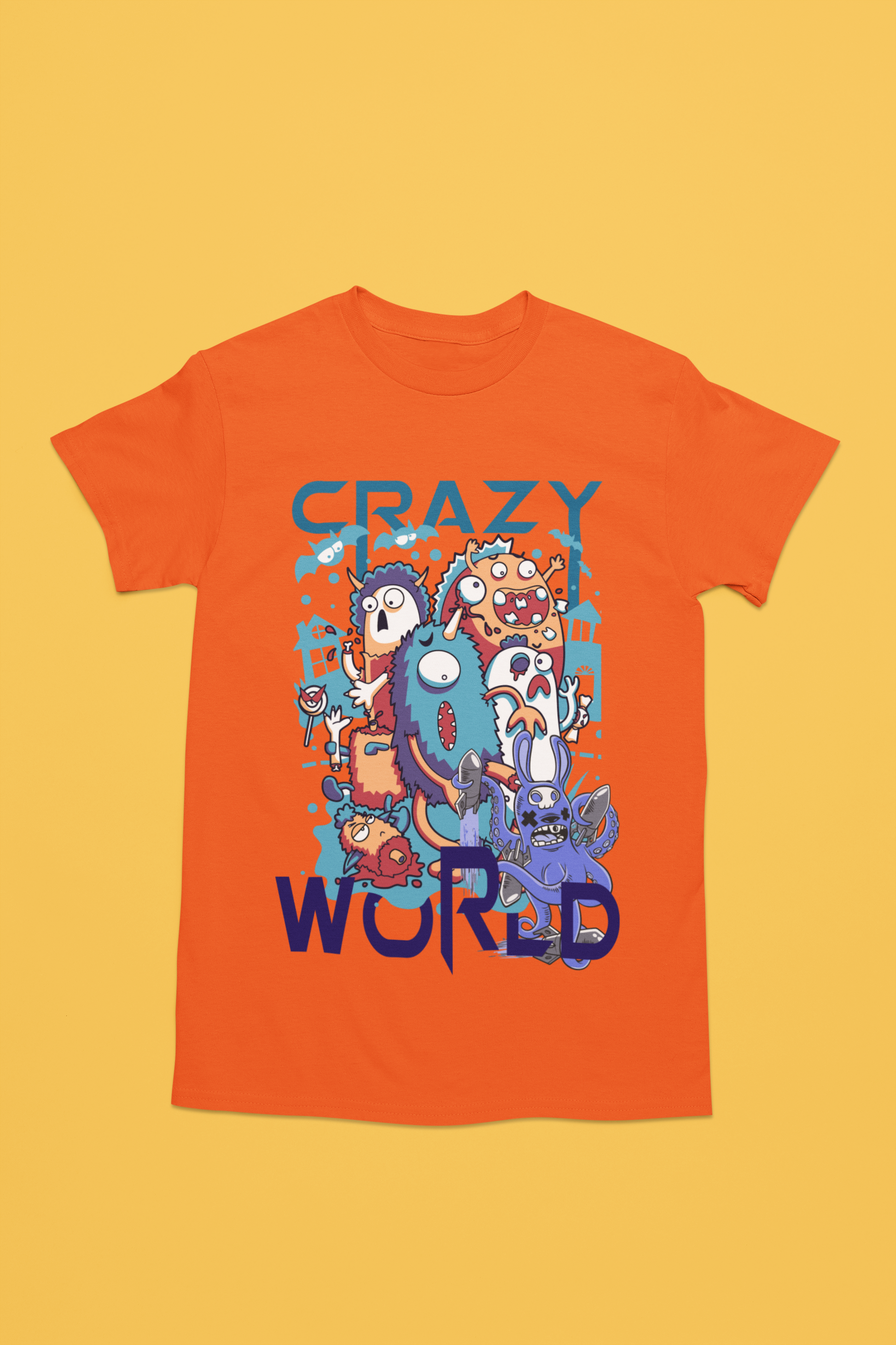 A neon orange t-shirt with quirky and endearing cartoon character with exaggerated features, like oversized eyes and a big smile