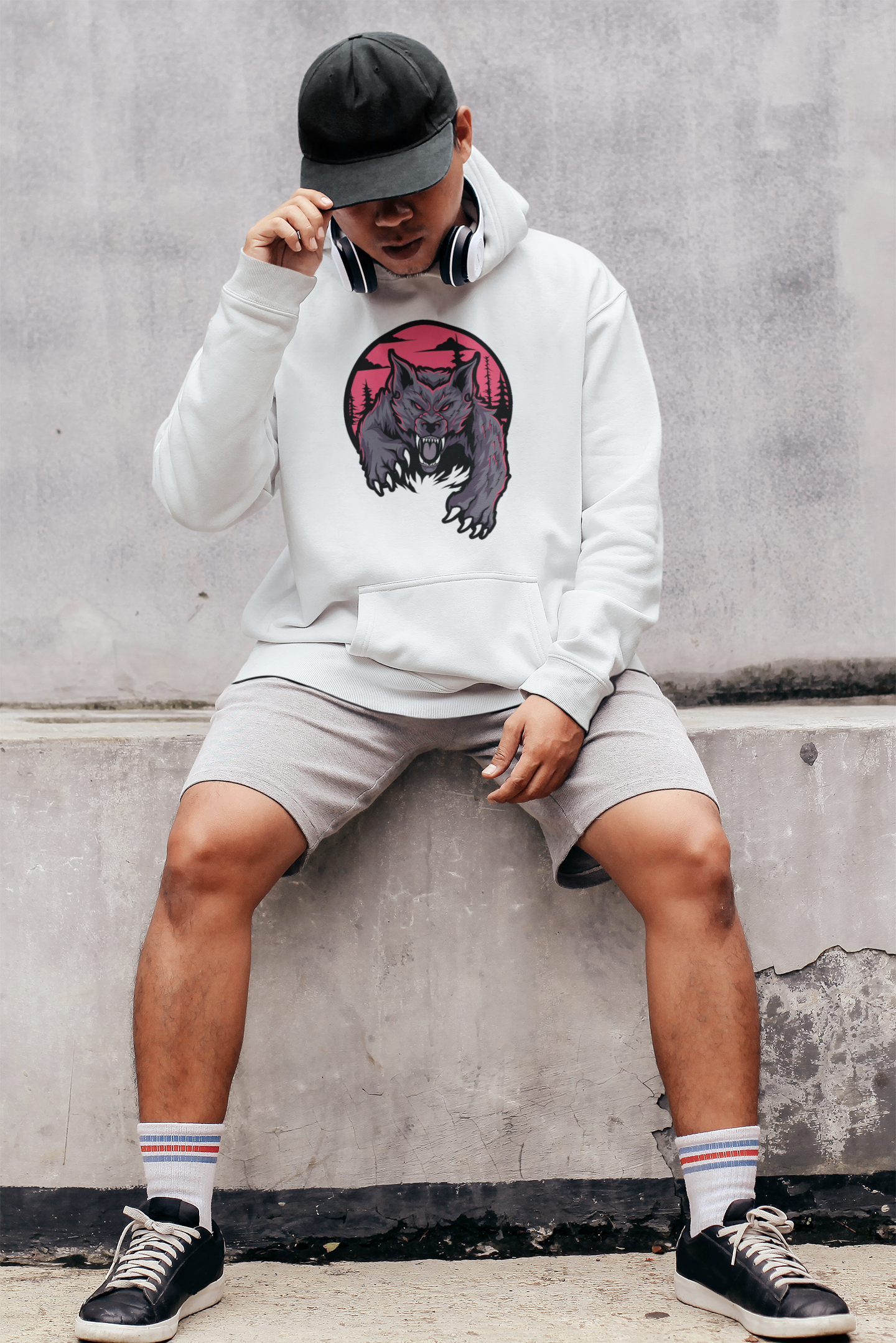 Premium white hoodie with ambush wolf print