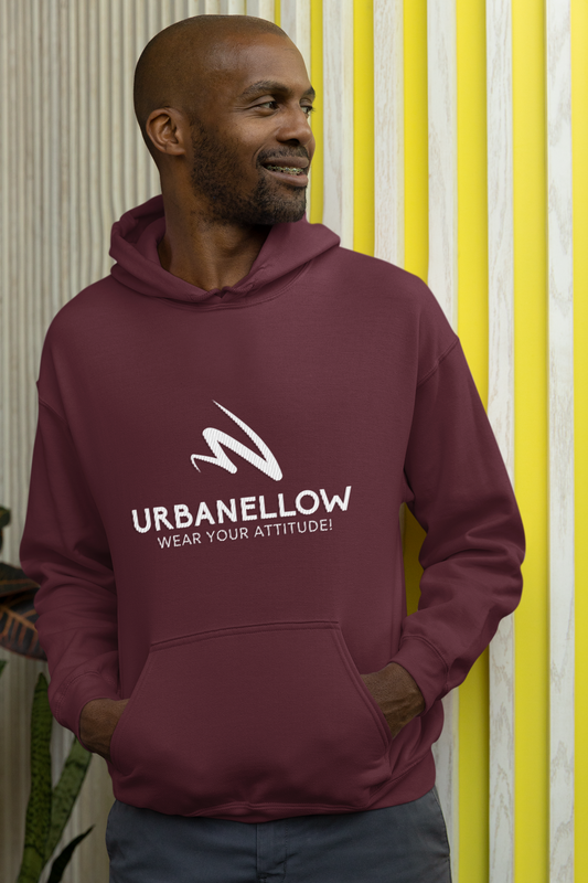 A men wearing maroon color top-tier premium hoodie representing the Urbanellow brand's commitment to quality and style.