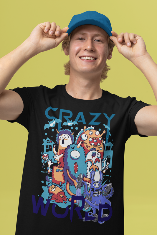 A happy men wearing a black t-shirt with quirky and endearing cartoon character with exaggerated features, like oversized eyes and a big smile