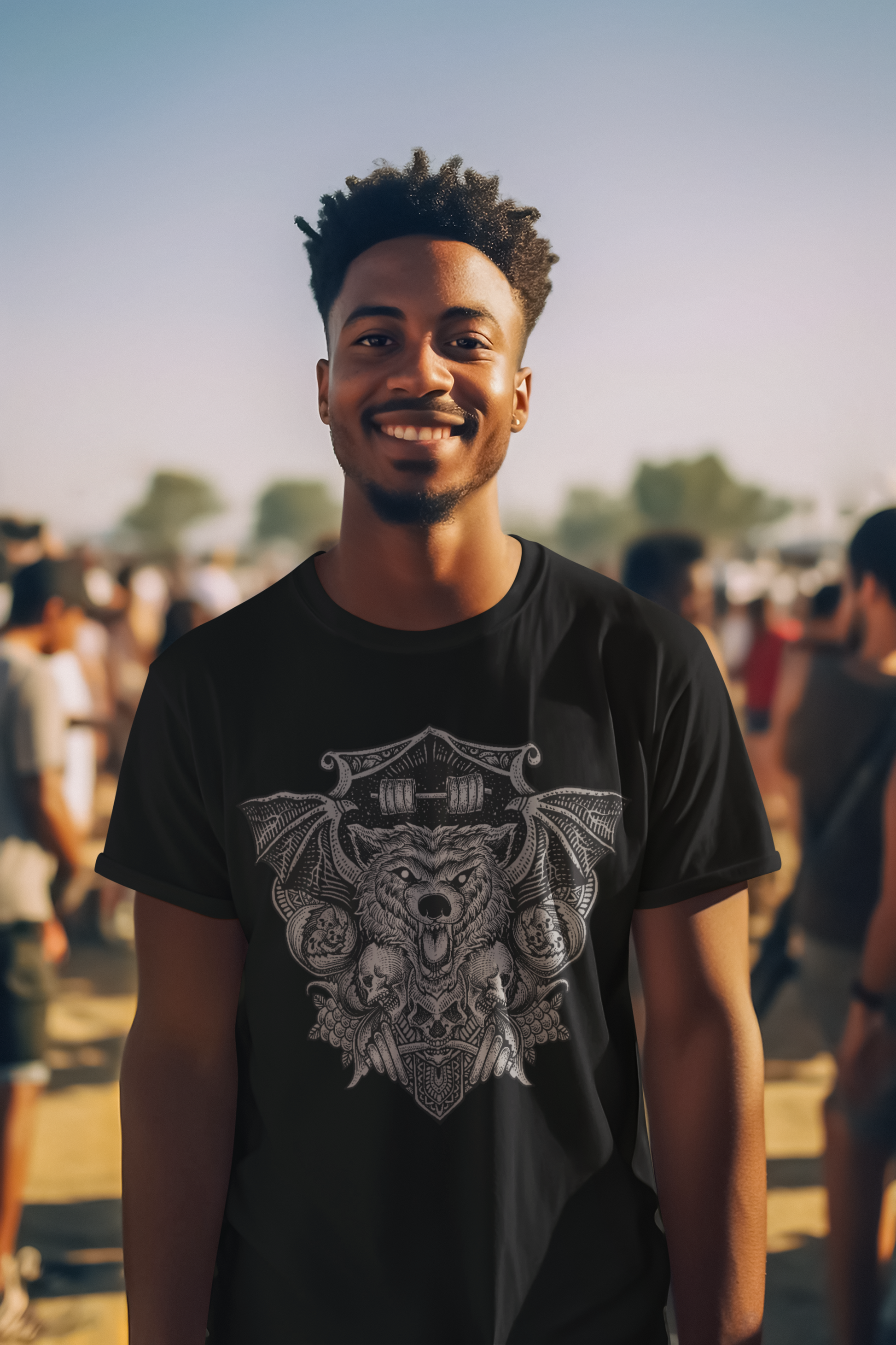 A men wearing a black shirt that embraces the night's horrors with a 'Nocturnal Nightmare Bat' graphic.