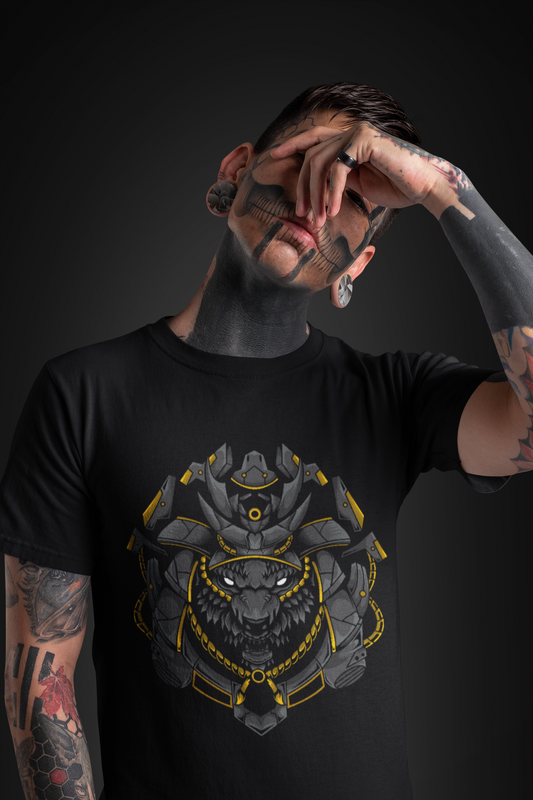 An inked man wearing a black tee that embodies chaos and darkness with its menacing wolf and robotic crown.