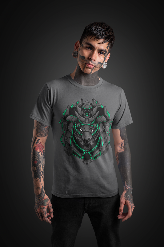 An inked man wearing a charcoal color spine-chilling tee with a horrifying wolf donning a robotic crown for an edgy look.