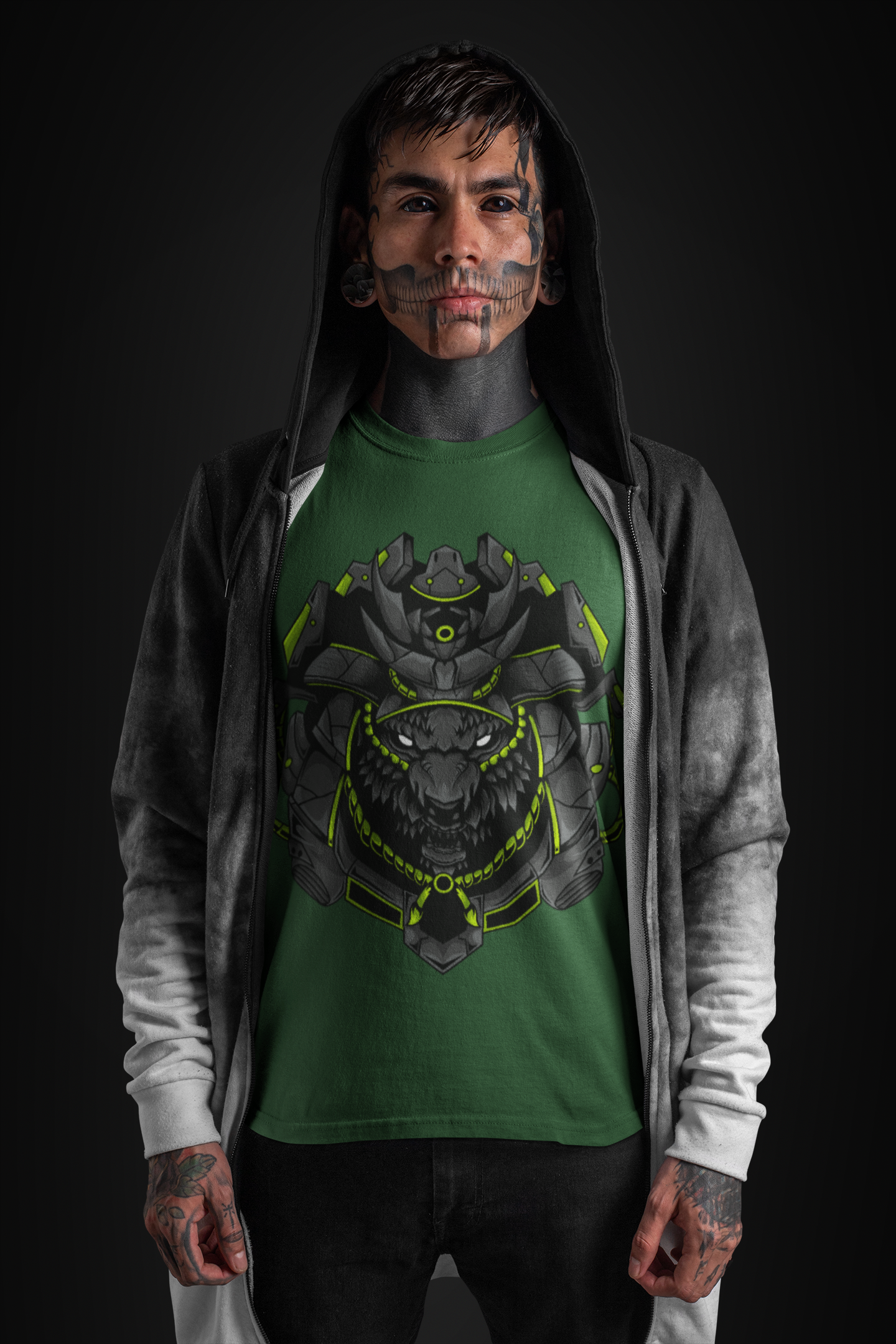 An inked man wearing a forest green t-shirt with spine-chilling tee with a horrifying wolf donning a robotic crown for an edgy look.